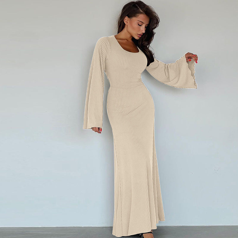 U-neck Back Lace-Up Long Bell Sleeve Dress