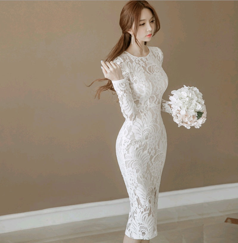 Slim Lace Round Neck Step Skirt Dress