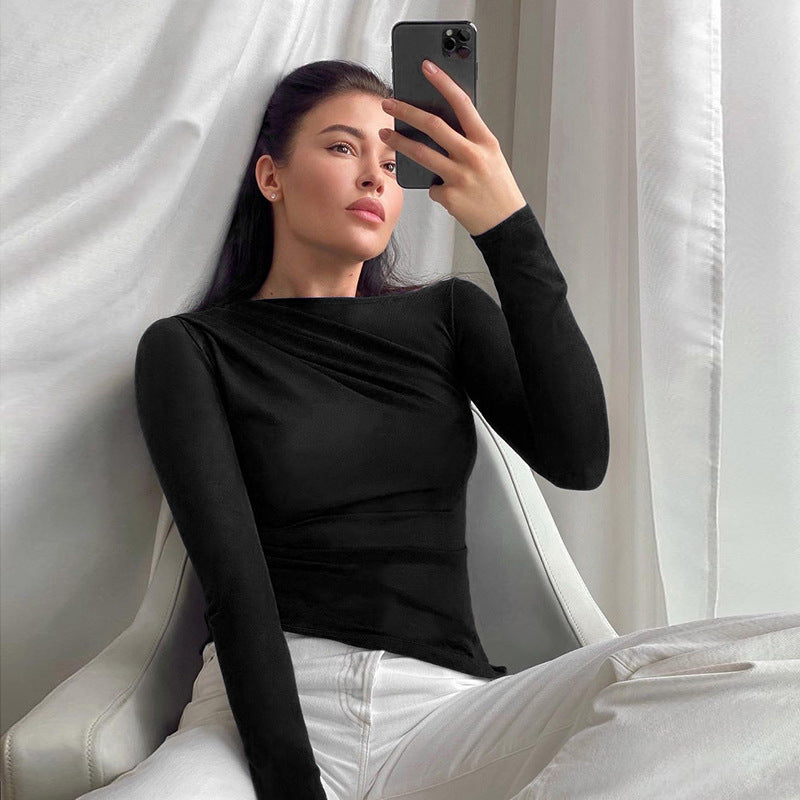 One-shoulder Pleated Base Base Long Sleeve Top