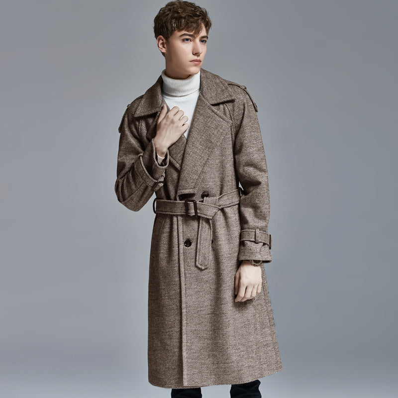Above-Knee Herringbone Coat For Men