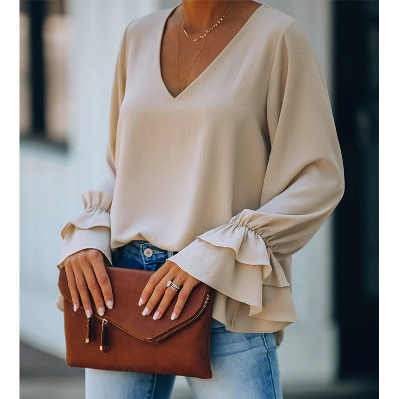 Women's Casual Loose Solid Color V-neck Long-sleeved Top