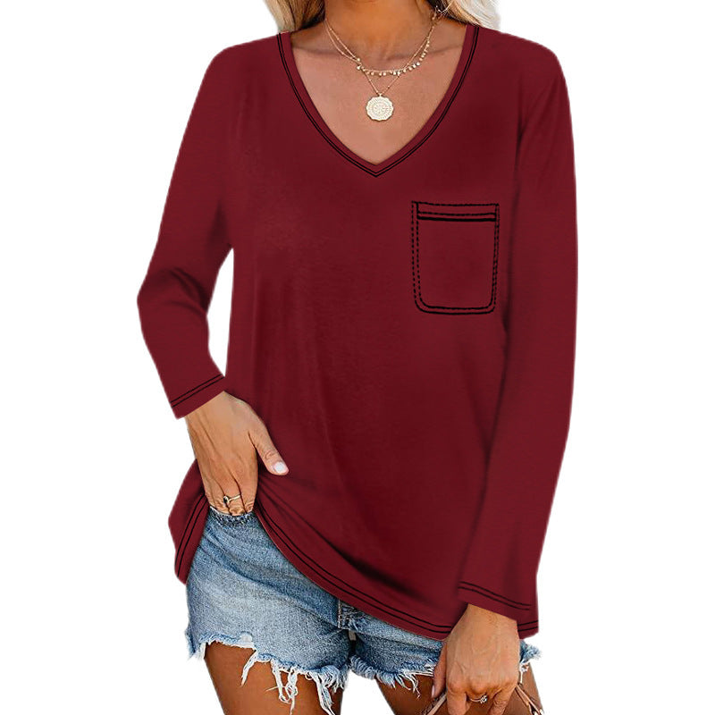 V-neck Long-sleeved Pocket Top