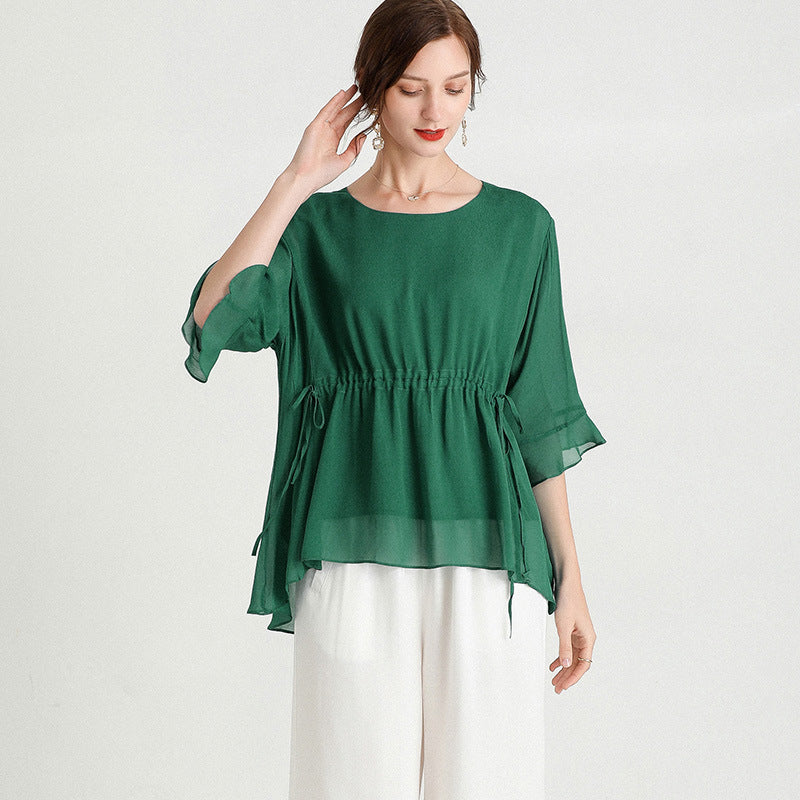 Summer New Style Short-Sleeved Plus Size Slimming Silk Blouse