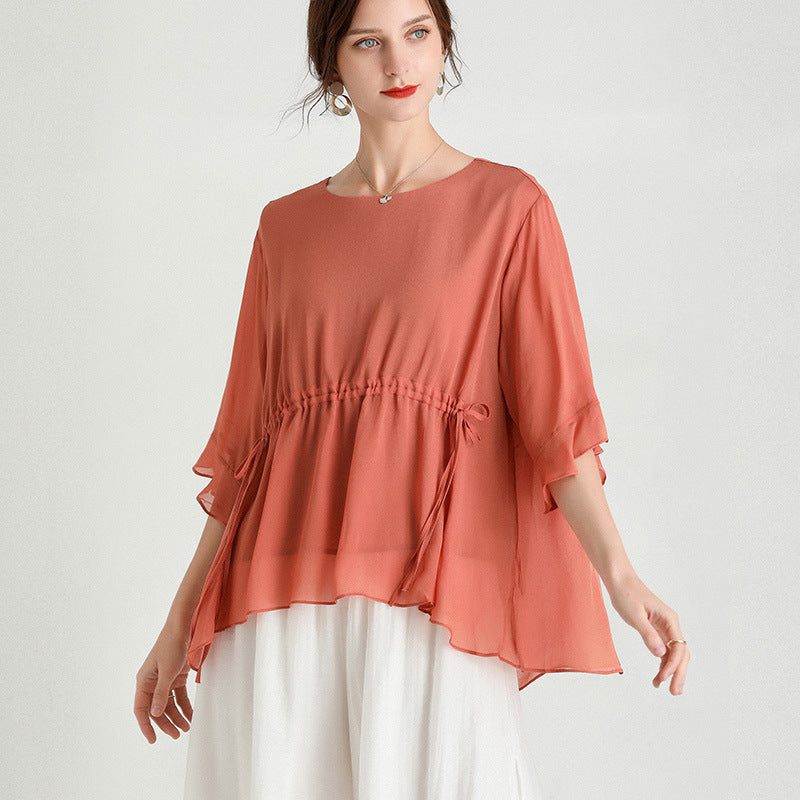 Summer New Style Short-Sleeved Plus Size Slimming Silk Blouse