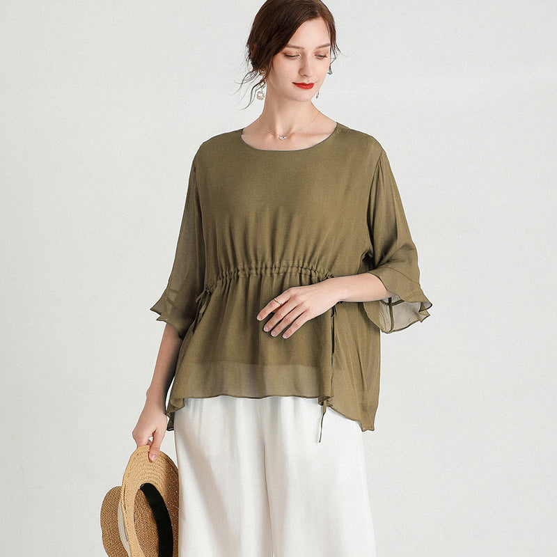 Summer New Style Short-Sleeved Plus Size Slimming Silk Blouse