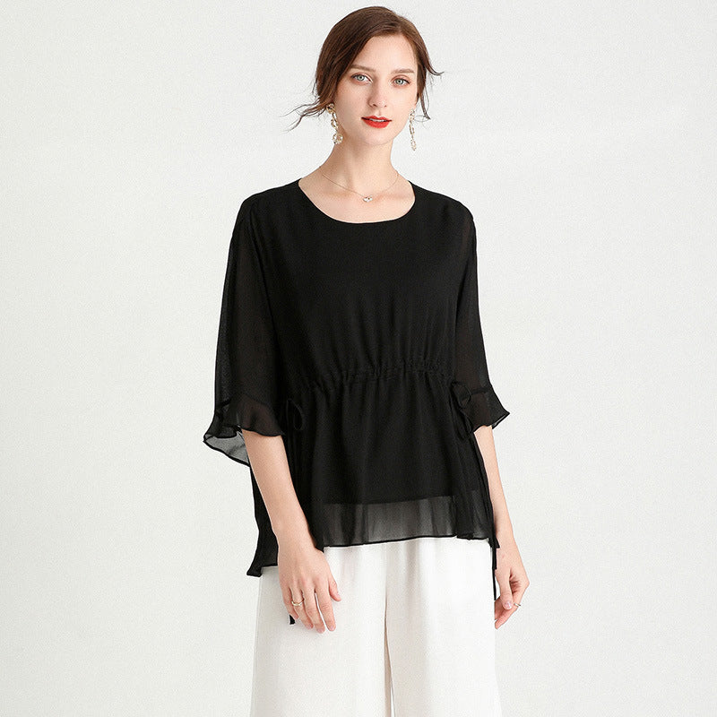 Summer New Style Short-Sleeved Plus Size Slimming Silk Blouse