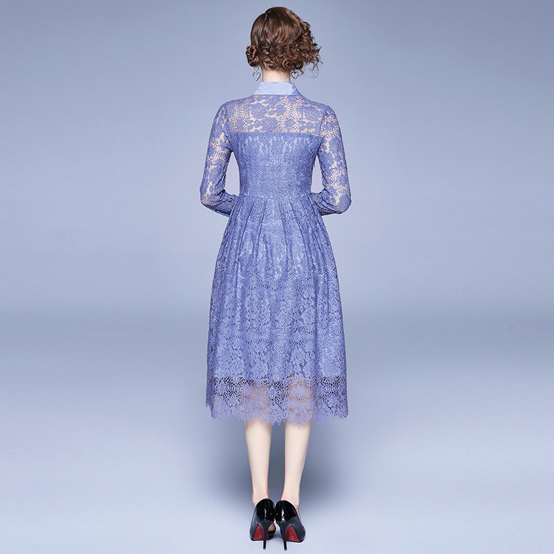 Spring Lapel Long Sleeve Lace Dress