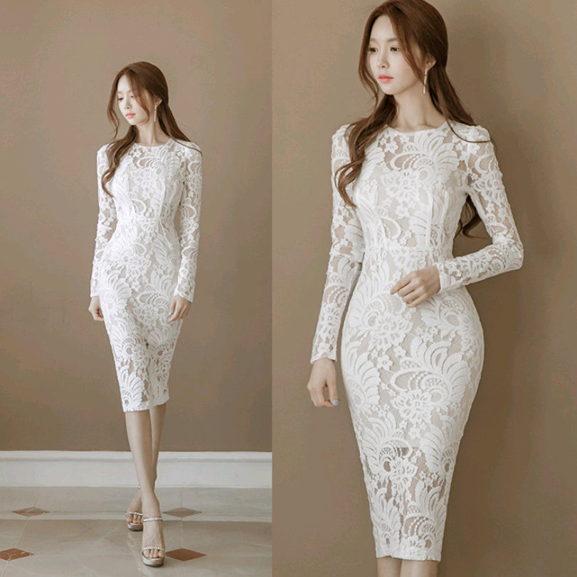 Slim Lace Round Neck Step Skirt Dress