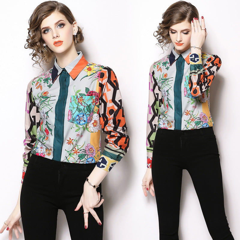 Women's Printed Slim Long Sleeve Lapel Shirt