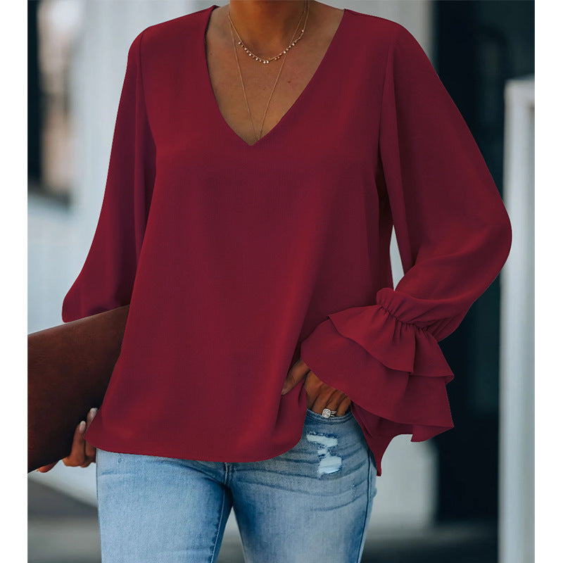 Women's Casual Loose Solid Color V-neck Long-sleeved Top