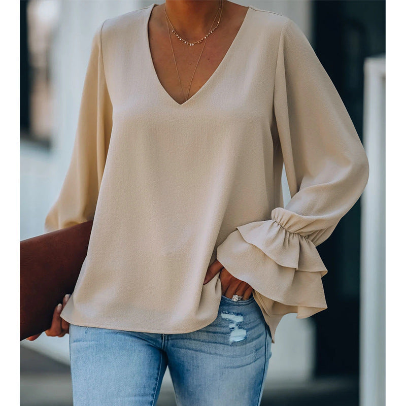 Women's Casual Loose Solid Color V-neck Long-sleeved Top