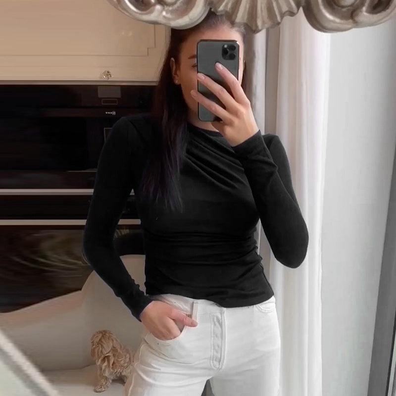 One-shoulder Pleated Base Base Long Sleeve Top