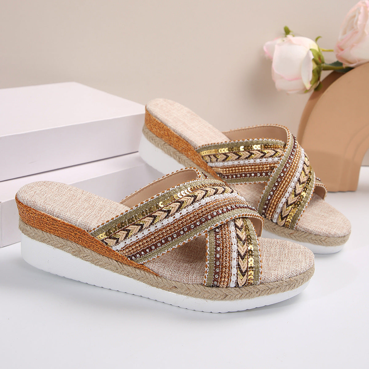 Linen Wedge Summer Cross-Strap Sandals