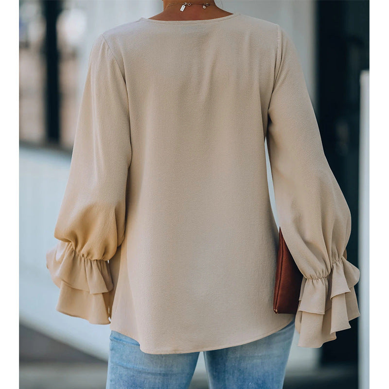 Women's Casual Loose Solid Color V-neck Long-sleeved Top