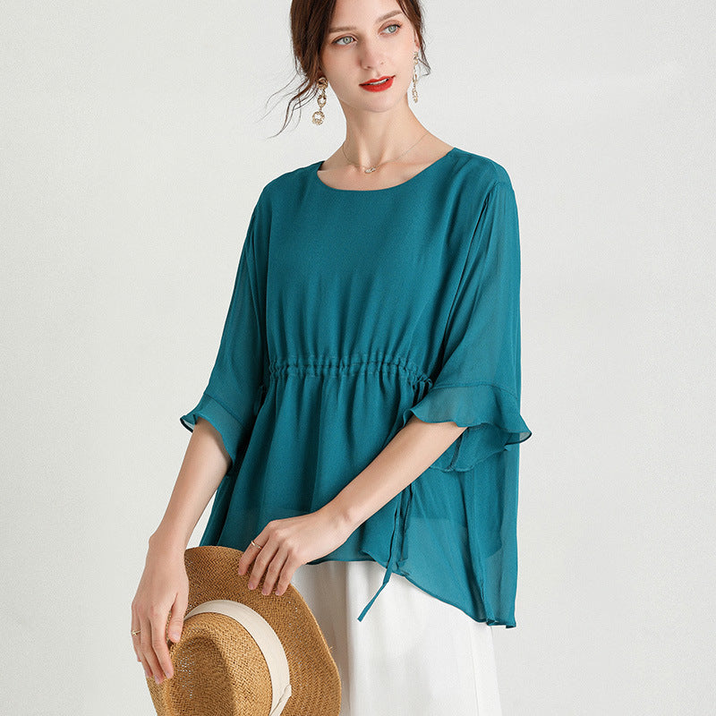 Summer New Style Short-Sleeved Plus Size Slimming Silk Blouse