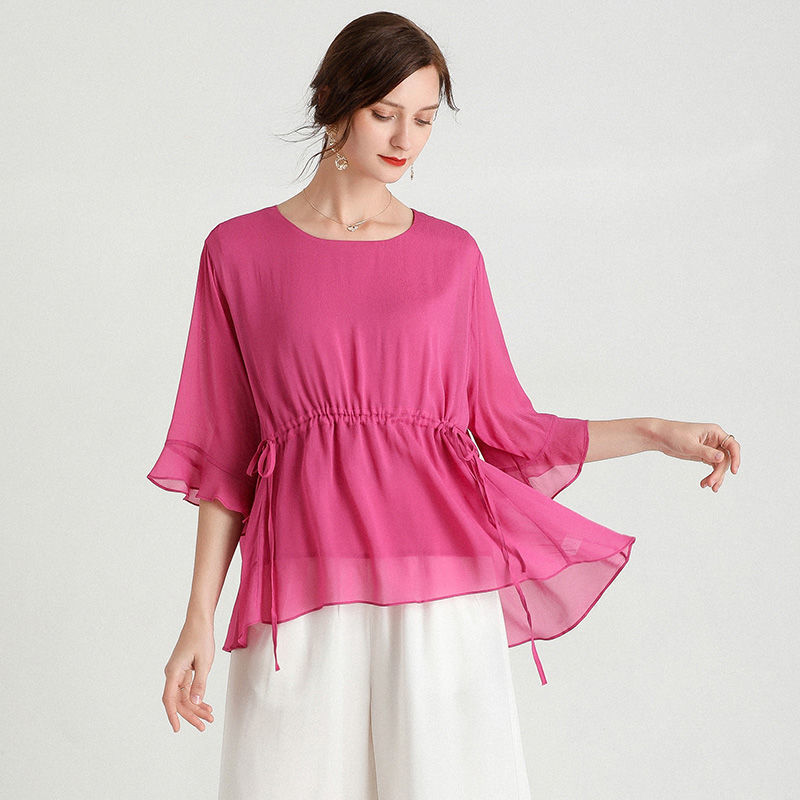 Summer New Style Short-Sleeved Plus Size Slimming Silk Blouse
