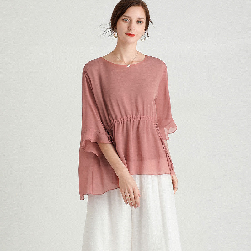 Summer New Style Short-Sleeved Plus Size Slimming Silk Blouse