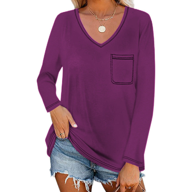 V-neck Long-sleeved Pocket Top