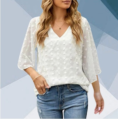 V-neck Three-quarter Sleeves Dotted Chiffon Blouse