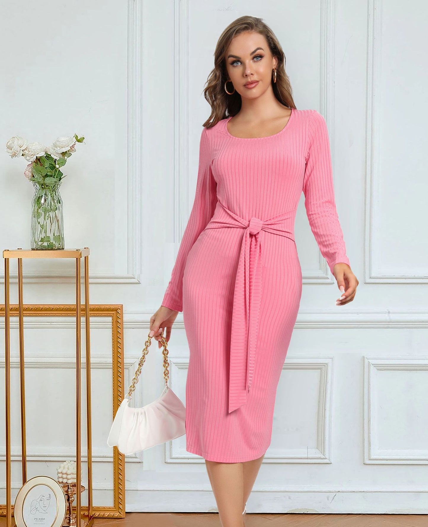 Women's Long Sleeve Tie Split Midi Dresses