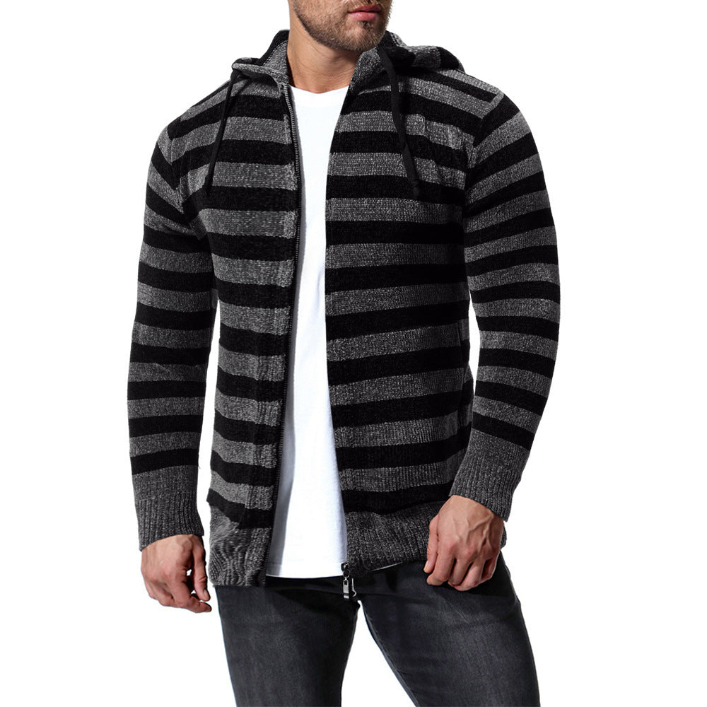 Striped Long Sleeve Hooded Zip-up Coats