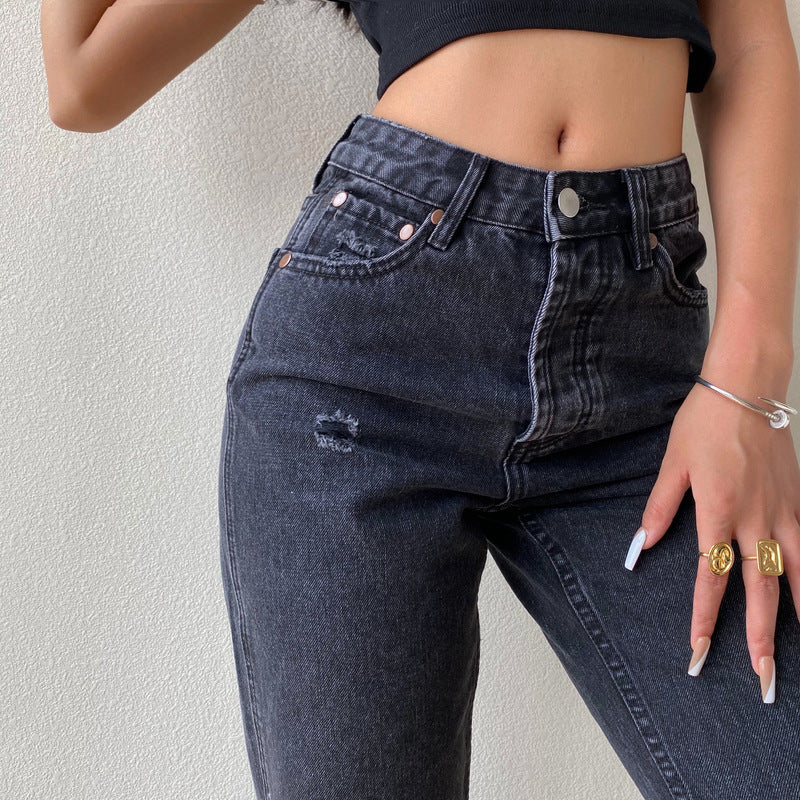 Hollow High Waist Slim Jeans Trousers