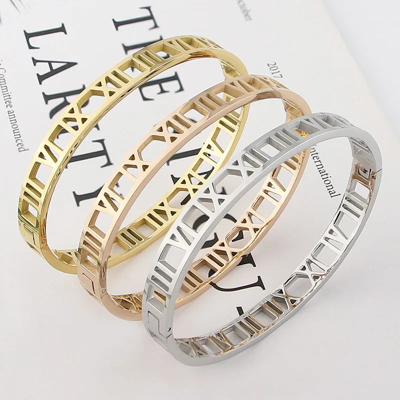 Delicate Hollow Roman Numeral Bangle