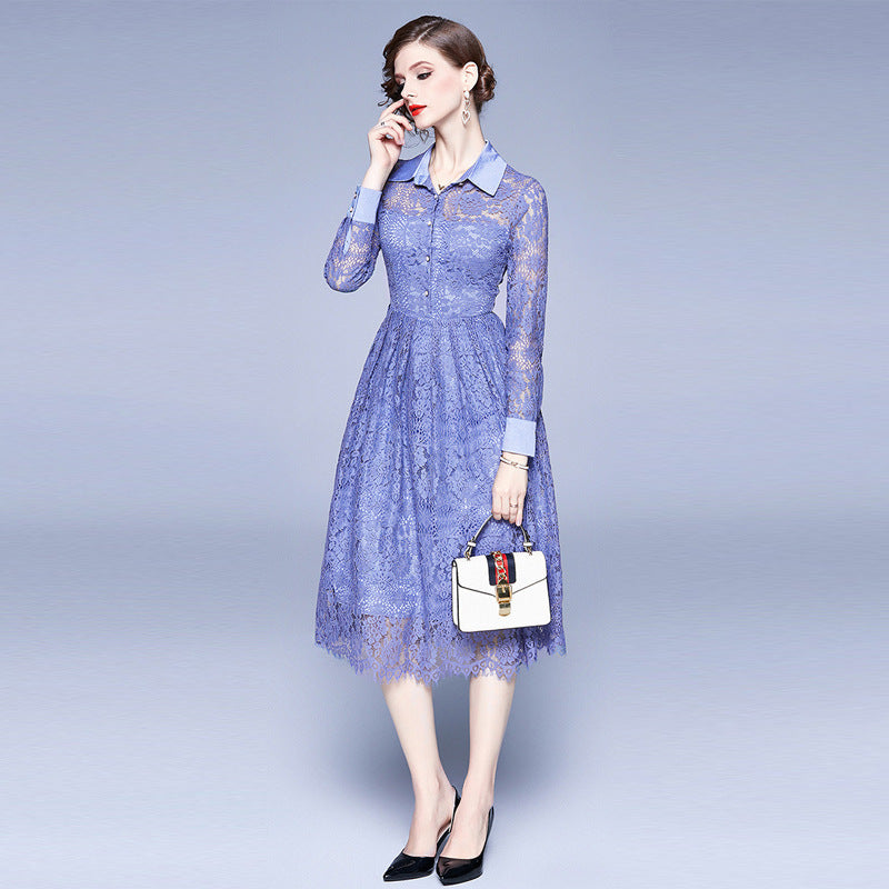 Spring Lapel Long Sleeve Lace Dress