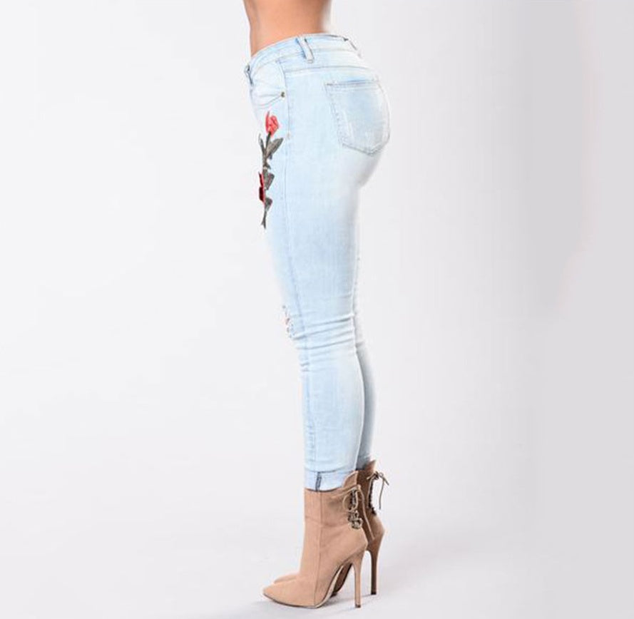 Trendy Hollow Embroidered Elastic Jeans Trousers