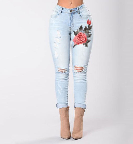 Trendy Hollow Embroidered Elastic Jeans Trousers