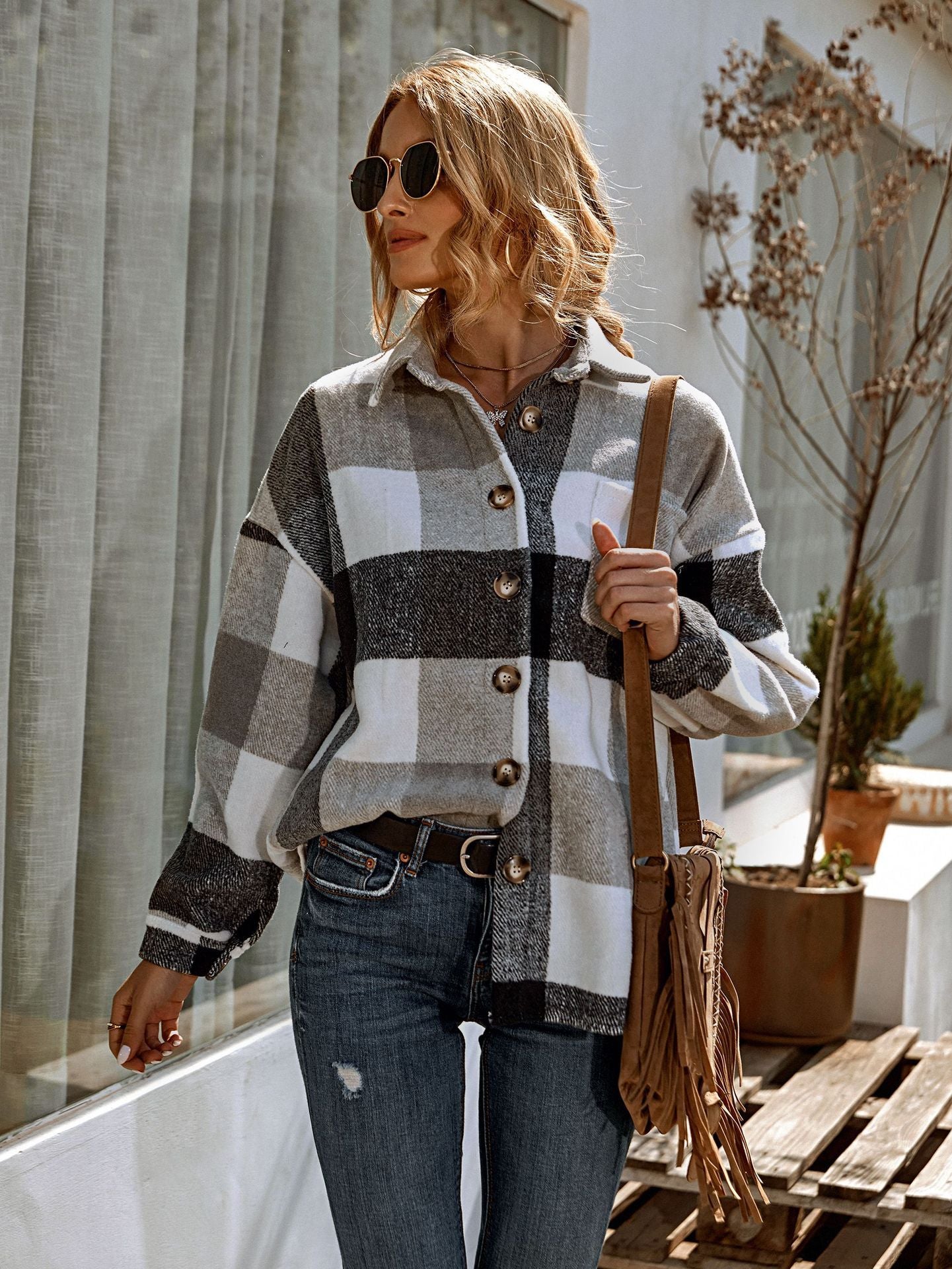 Casual Loose Lapel Large Plaid Jacket