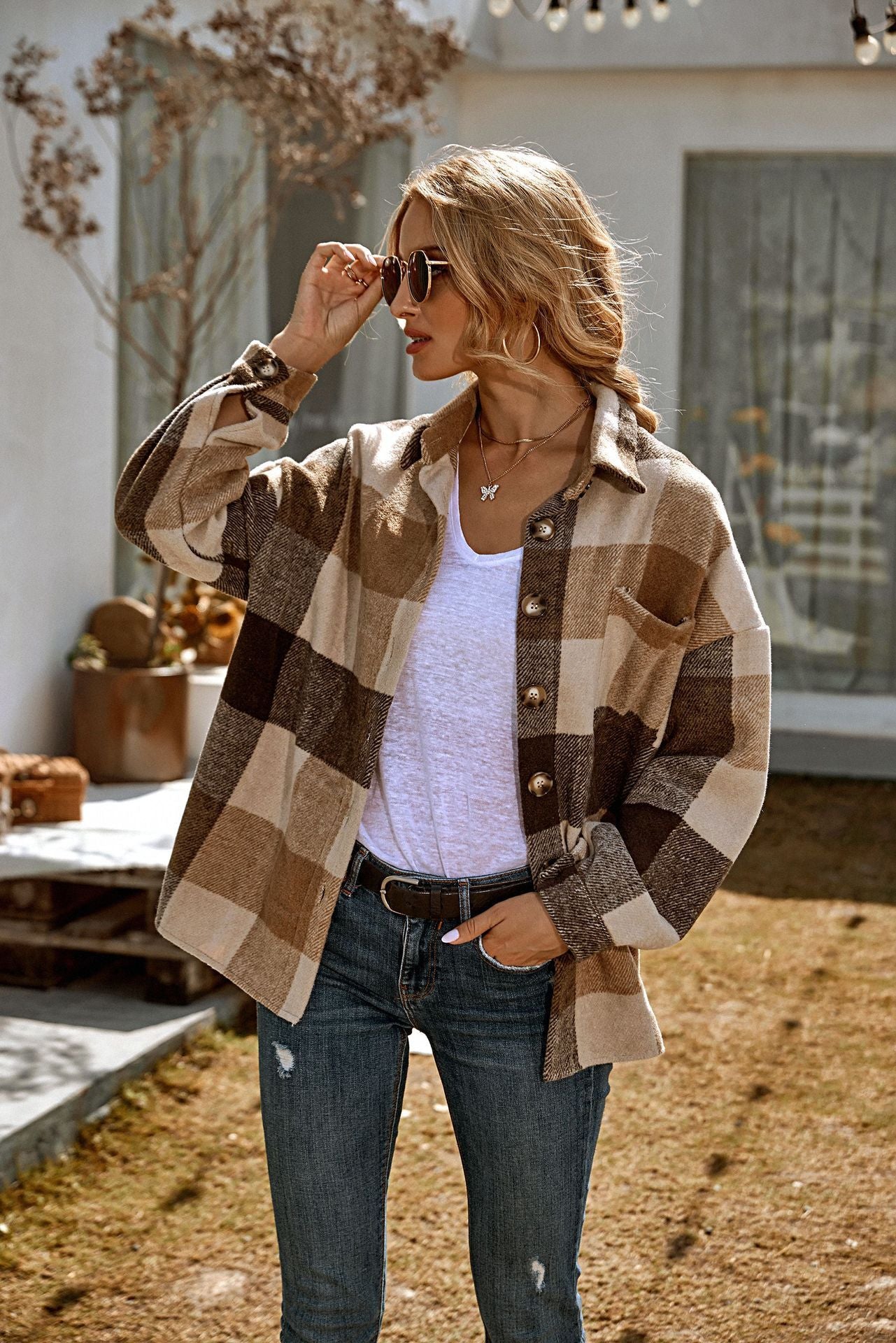 Casual Loose Lapel Large Plaid Jacket