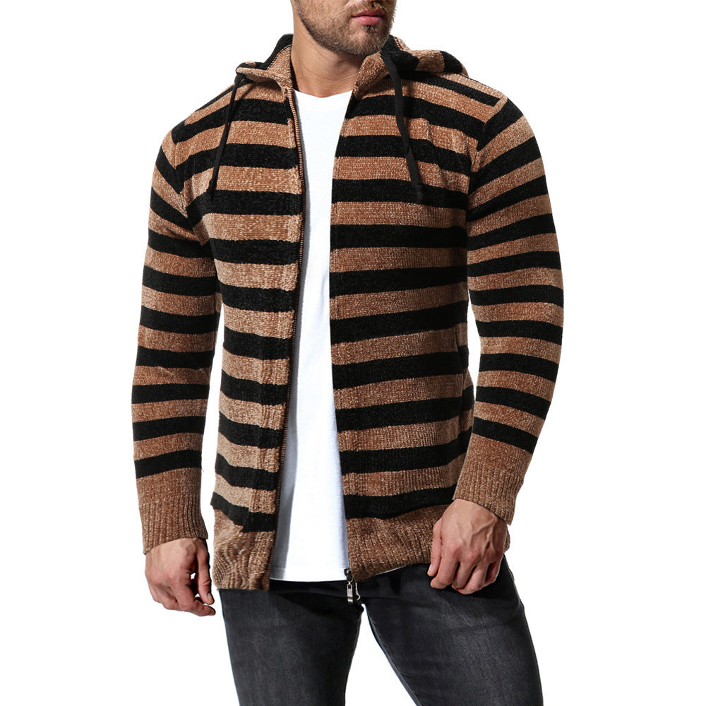 Striped Long Sleeve Hooded Zip-up Coats