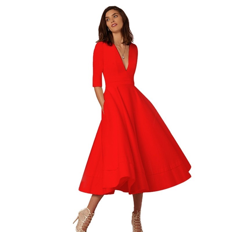 Retro 60s Swing Sleeve V-Neck Dress