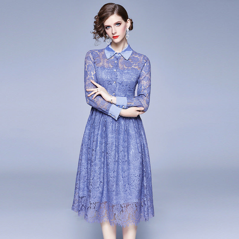 Spring Lapel Long Sleeve Lace Dress