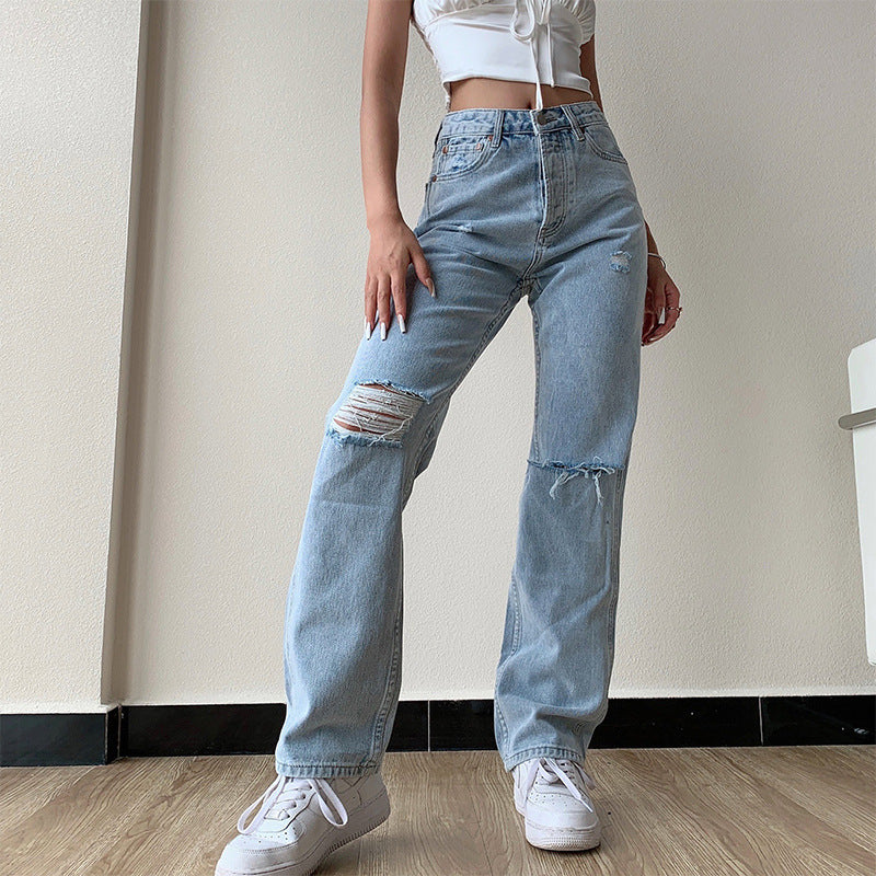 Hollow High Waist Slim Jeans Trousers