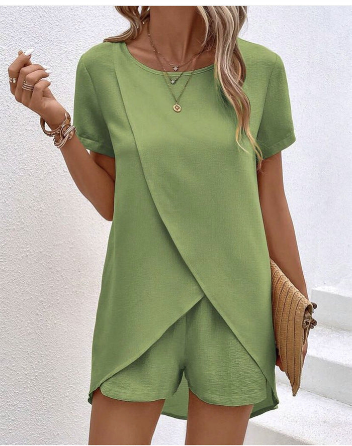 Solid Color Women's Top with Shorts