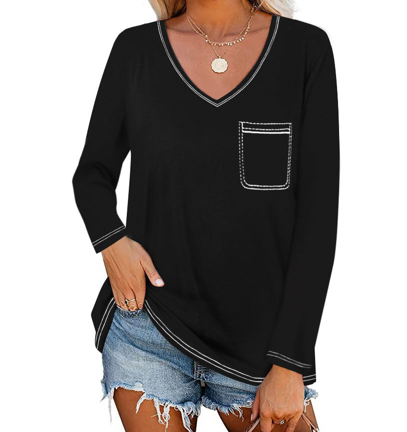 V-neck Long-sleeved Pocket Top