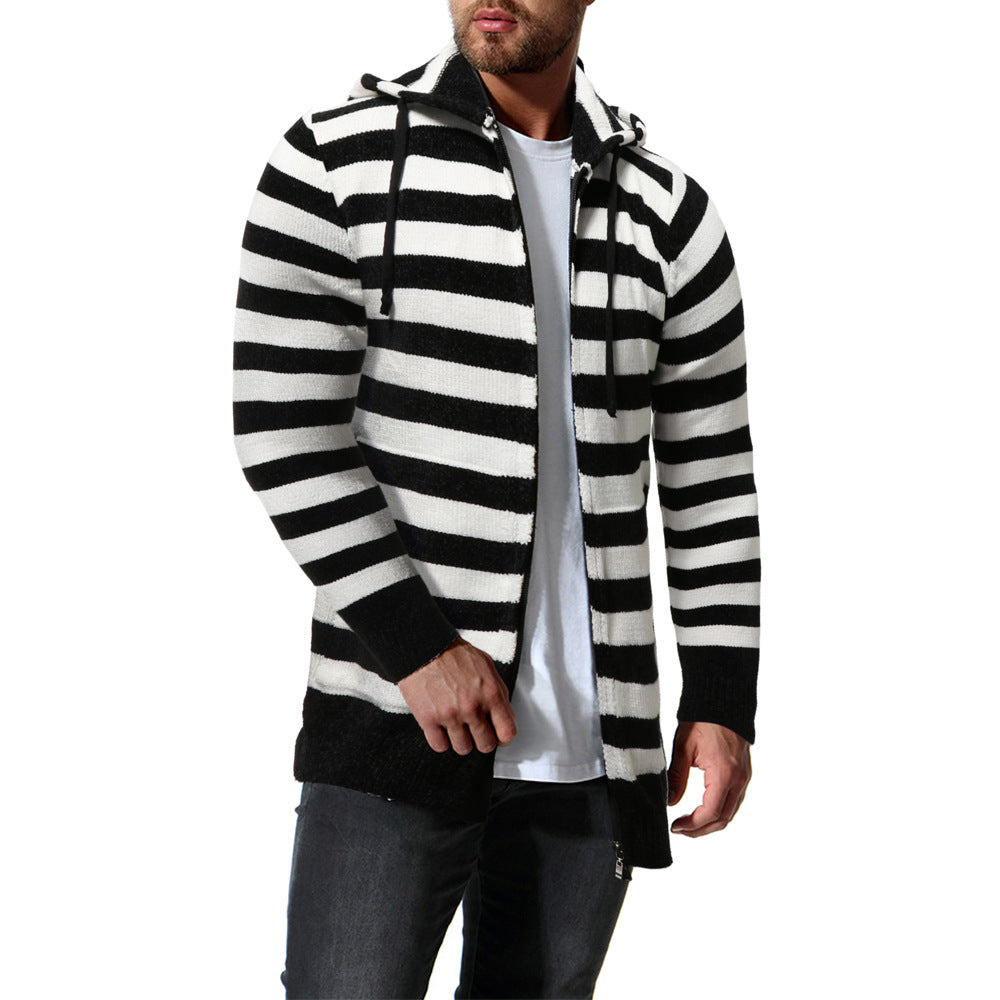 Striped Long Sleeve Hooded Zip-up Coats