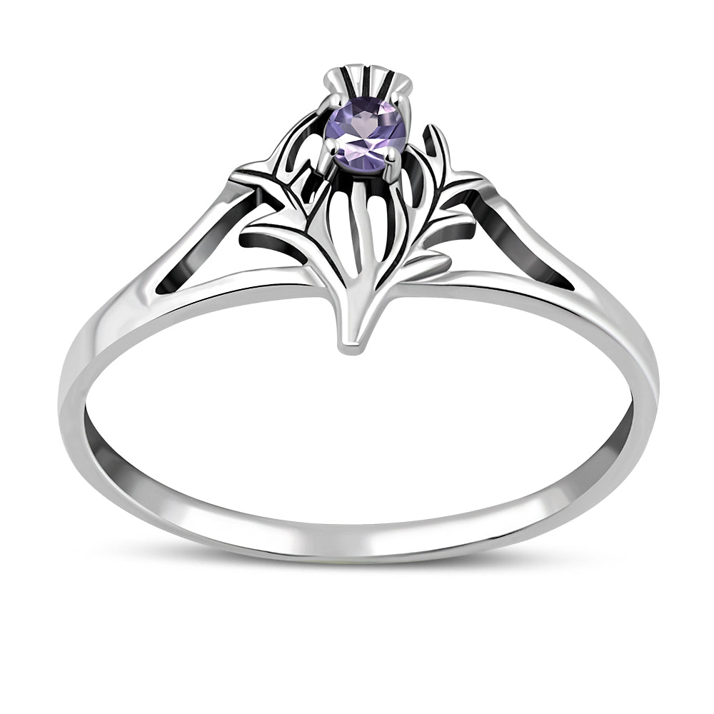 Amethyst Stone Celtic Knot Thistle Silver Ring