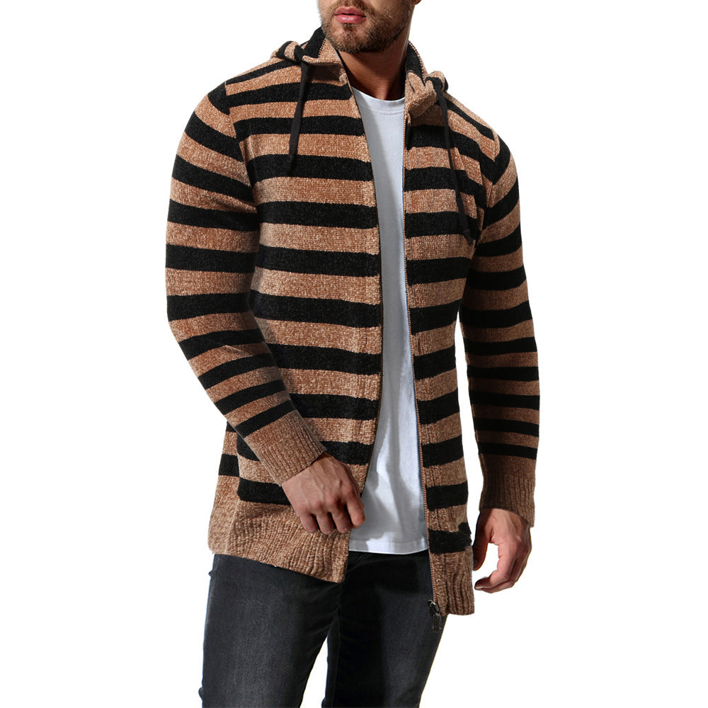 Striped Long Sleeve Hooded Zip-up Coats