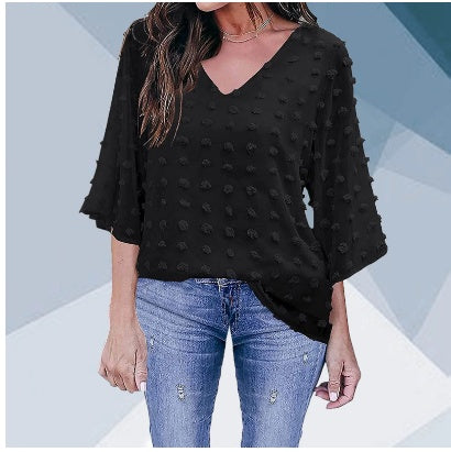 V-neck Three-quarter Sleeves Dotted Chiffon Blouse