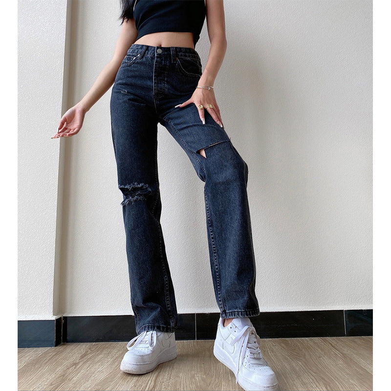 Hollow High Waist Slim Jeans Trousers