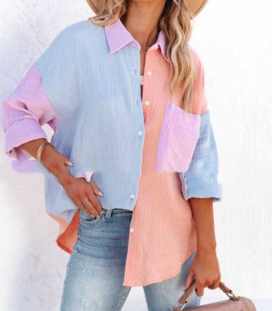 Trendy Summer Multi-Color Patchwork Long Sleeve Shirts