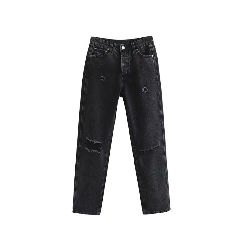 Hollow High Waist Slim Jeans Trousers