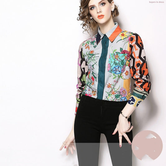 Women's Printed Slim Long Sleeve Lapel Shirt