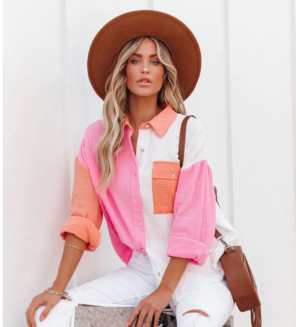 Trendy Summer Multi-Color Patchwork Long Sleeve Shirts