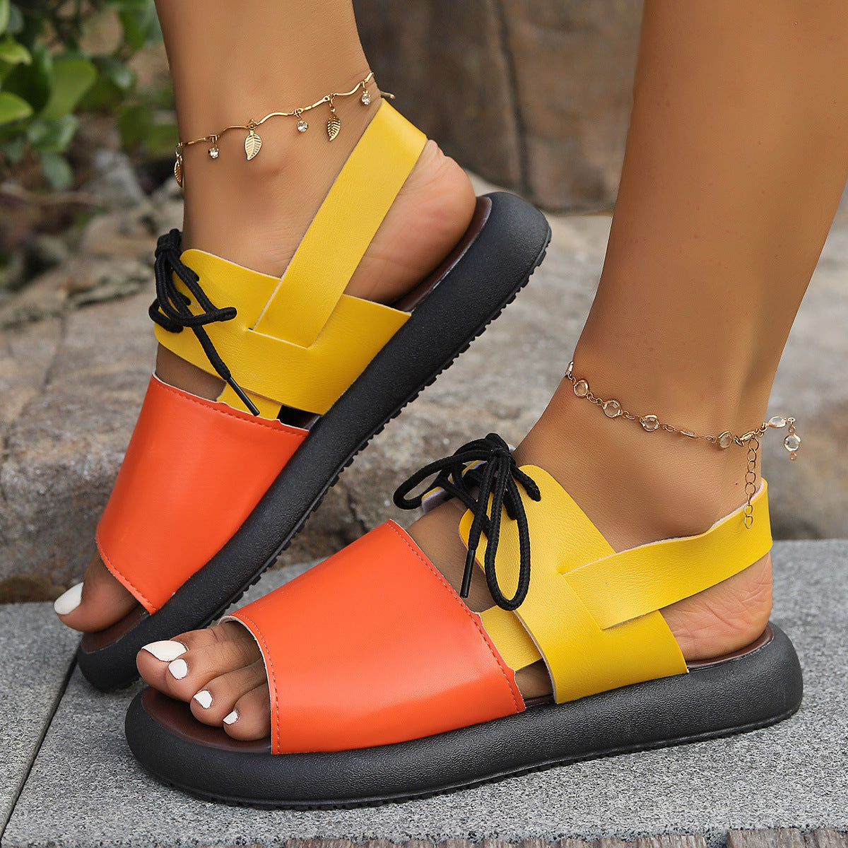 Summer Color-block Lace-up Roman Sandals