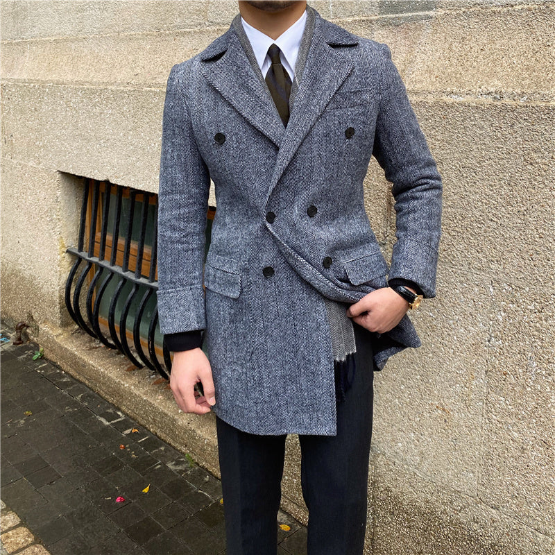 Double Row Mid-Length Tweed Coat