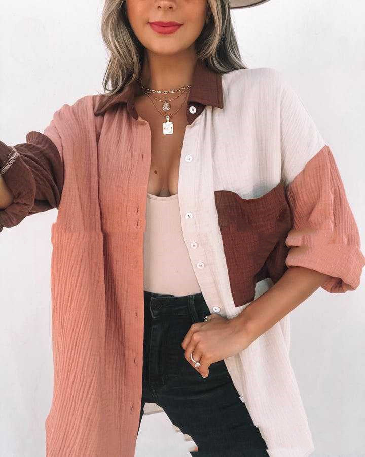 Trendy Summer Multi-Color Patchwork Long Sleeve Shirts